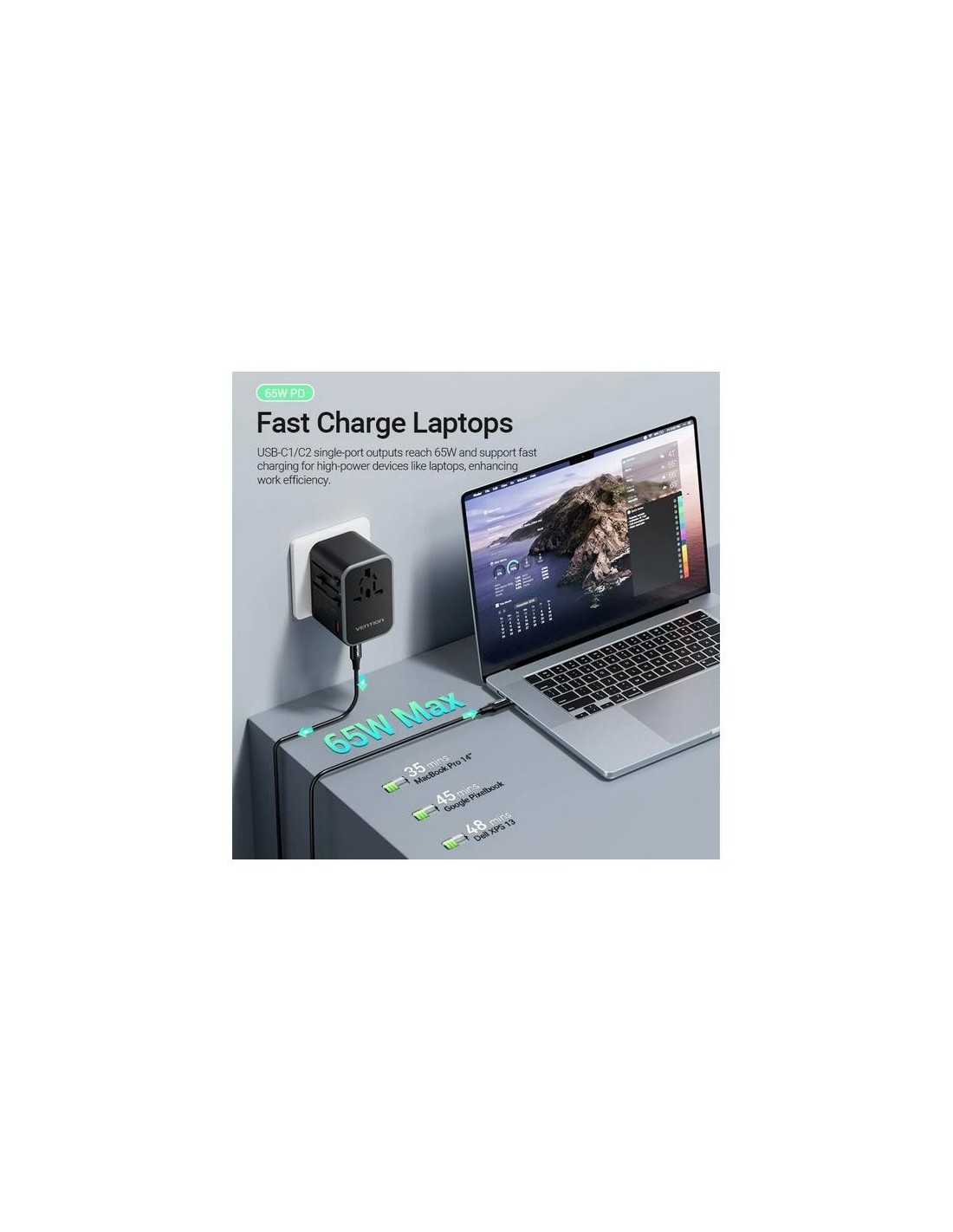 CARGADOR DE PARED VENTION UNIVERSAL GAN 2XUSB-C USB-A 65W