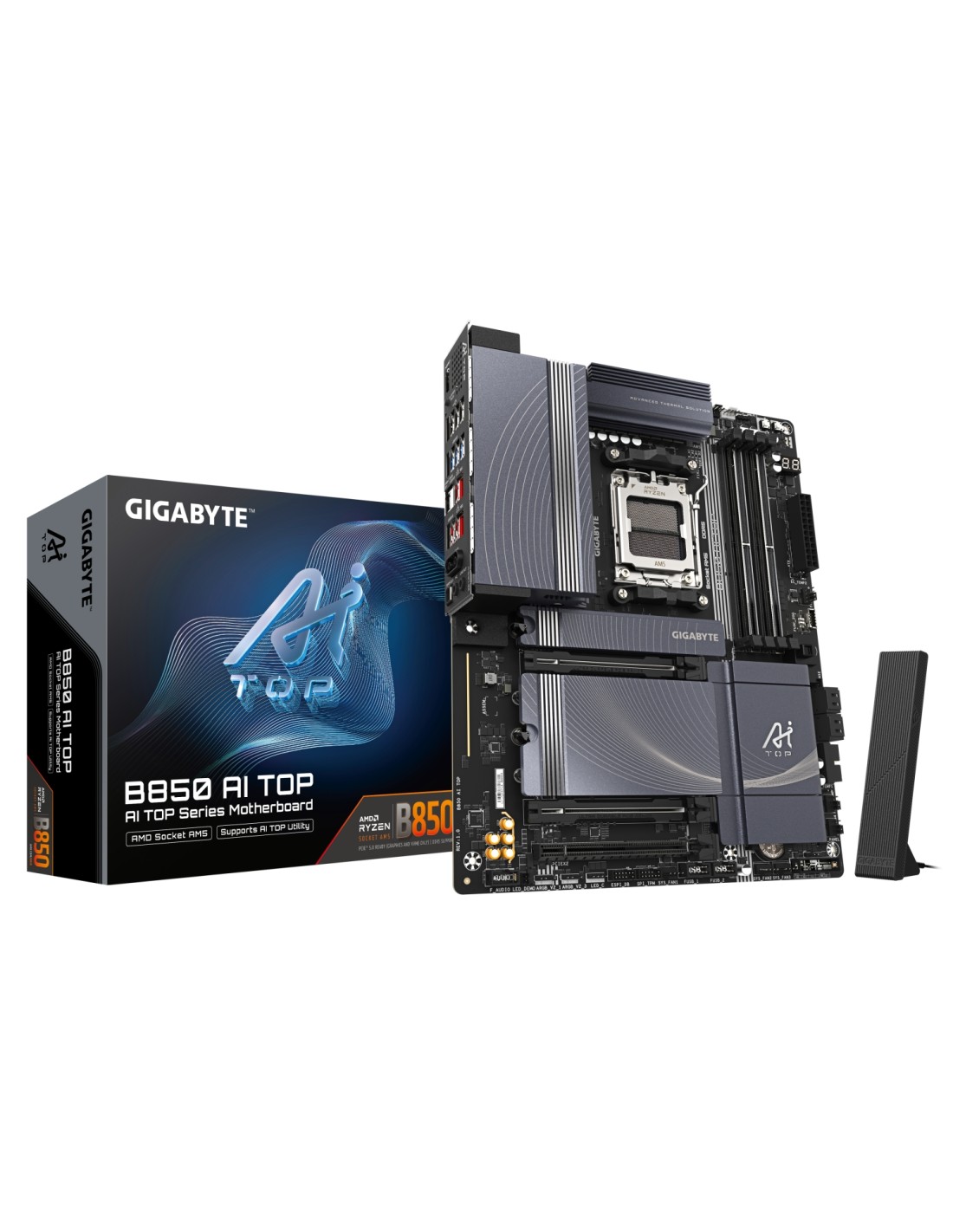 GIGABYTE B850 AI TOP Placa Base - Procesadores AMD Ryzen Serie 9000, 16+2+2 fases VRM digitales, hasta 8600MHz DDR5 (OC), 2xPCIe