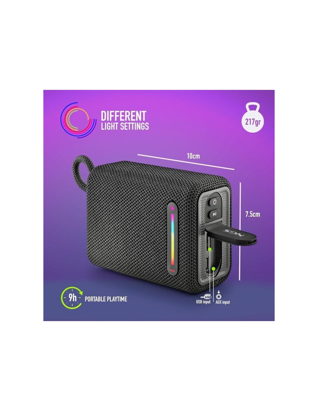ALTAVOCES NGS ROLLER FURIA RGB PORTATIL WATERPROOF IPX6/BT/USB/AUX BLACK