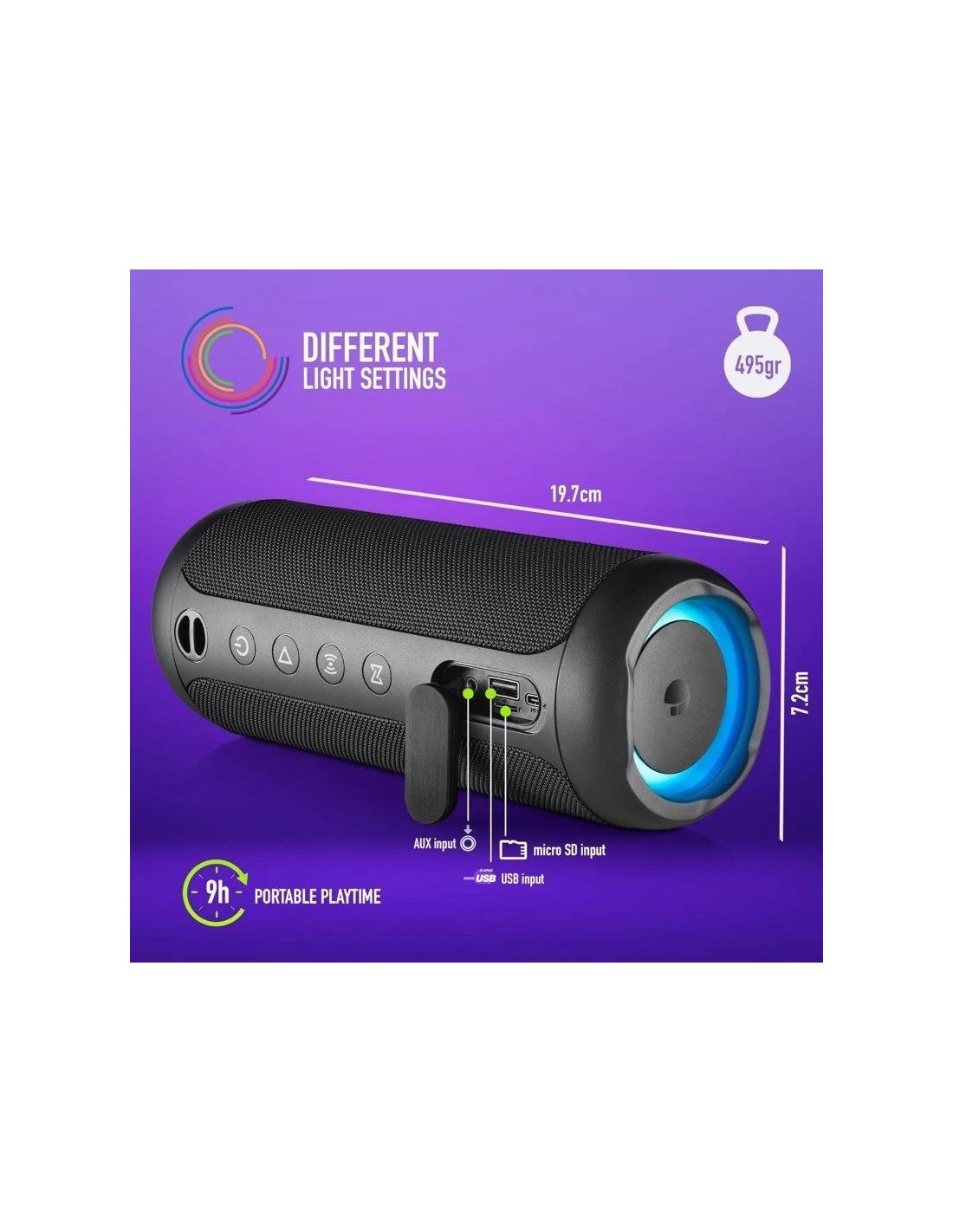 ALTAVOCES NGS ROLLER FURIA 2 RGB PORTATIL WATERPROOF IPX7/BT/USB/AUX BLACK