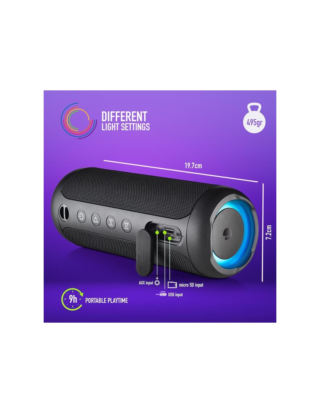 ALTAVOCES NGS ROLLER FURIA 2 RGB PORTATIL WATERPROOF IPX7/BT/USB/AUX BLACK