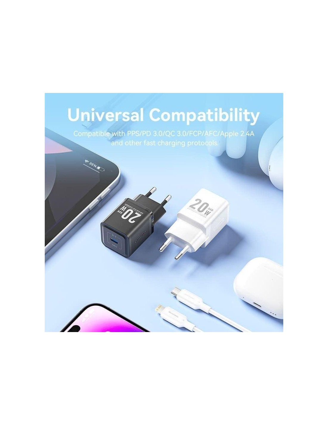 CARGADOR DE PARED VENTION GAN USB-C 20W BLACK + CABLE UCB-C - LIGHTNING 1M BLACK