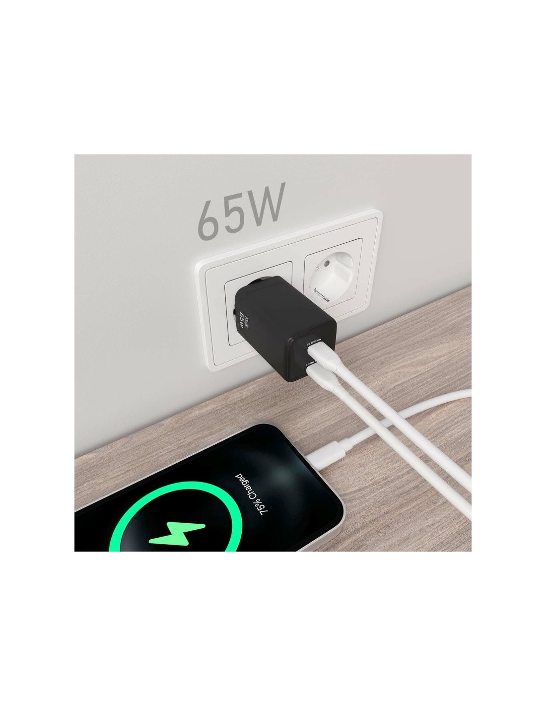 CARGADOR DE PARED AISENS GAN 2XUSB-C 65W BLACK