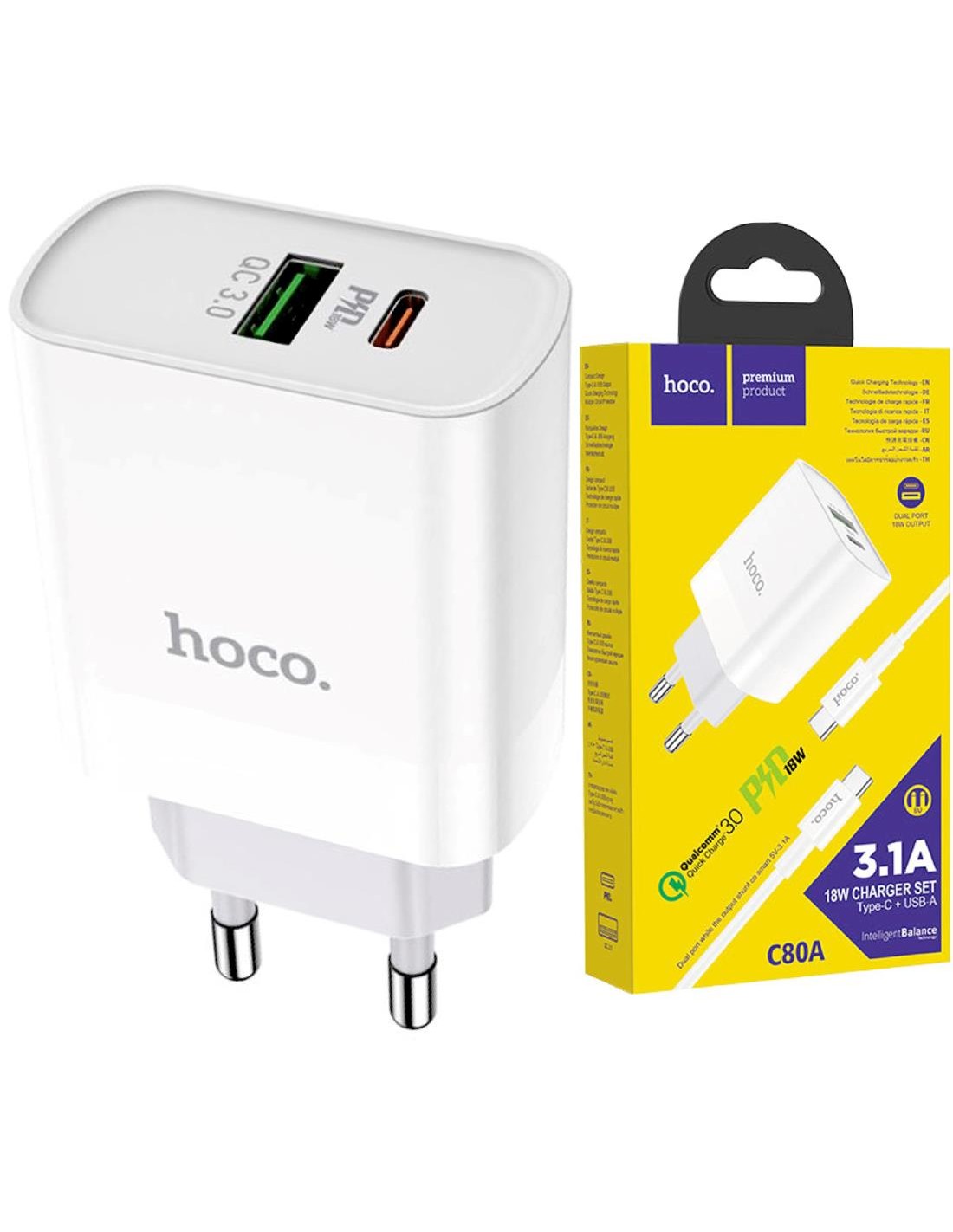 Hoco C80A Plus Cargador RÃ¡pido USB-A y USB-C 20W QC3.0 + Cable USB-C