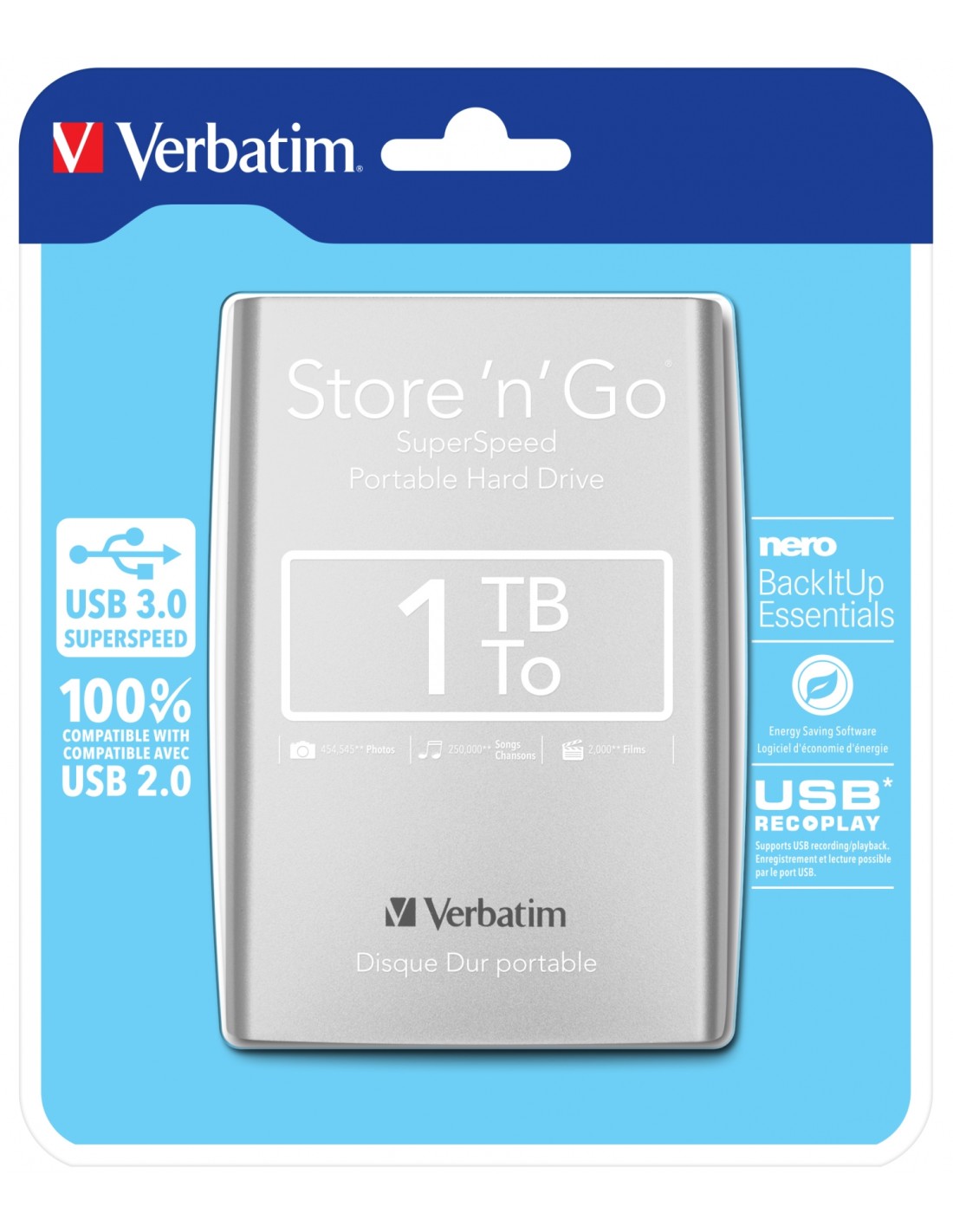 Disco externo Verbatim Disco Duro Portátil Store 'n' Go USB 3.0 de 1 TB en color Plateado 53071