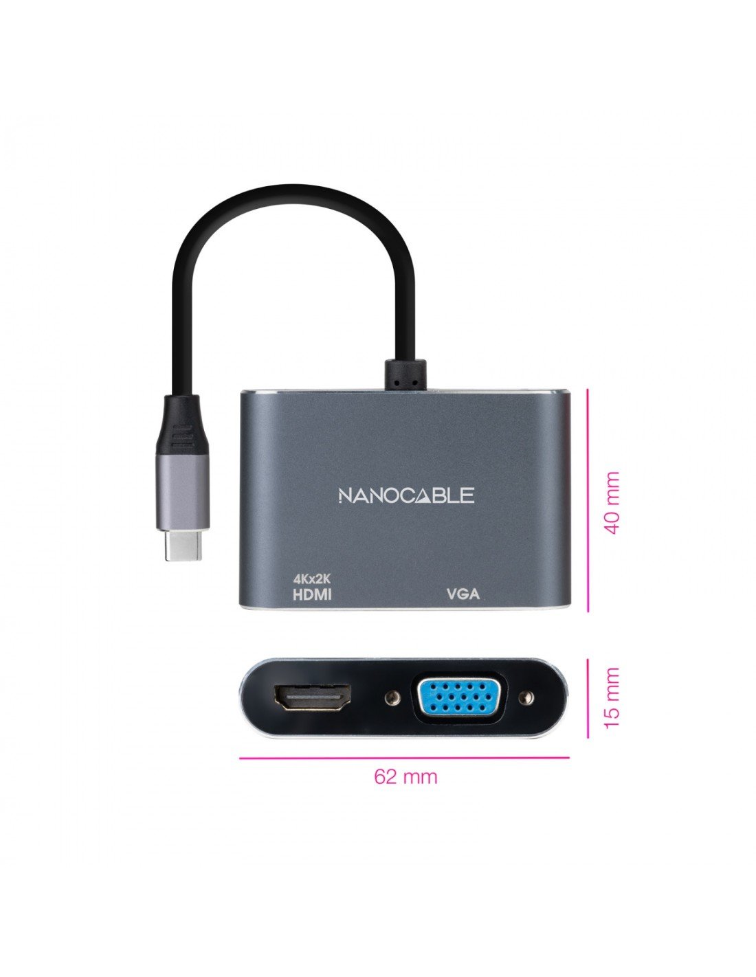 Conversor USB-C a HDMI/VGA 15 cm, Gris