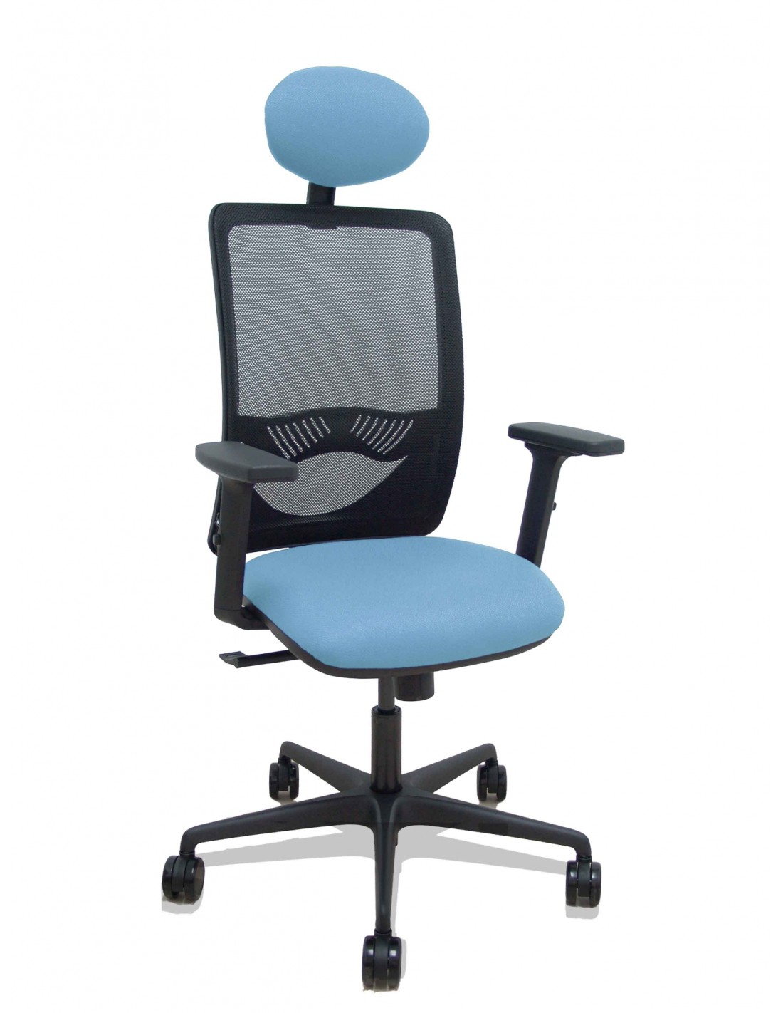 Piqueras y Crespo Silla Zulema sincro malla negra asiento bali azul cielo brazos 2D ruedas 65mm cabecero