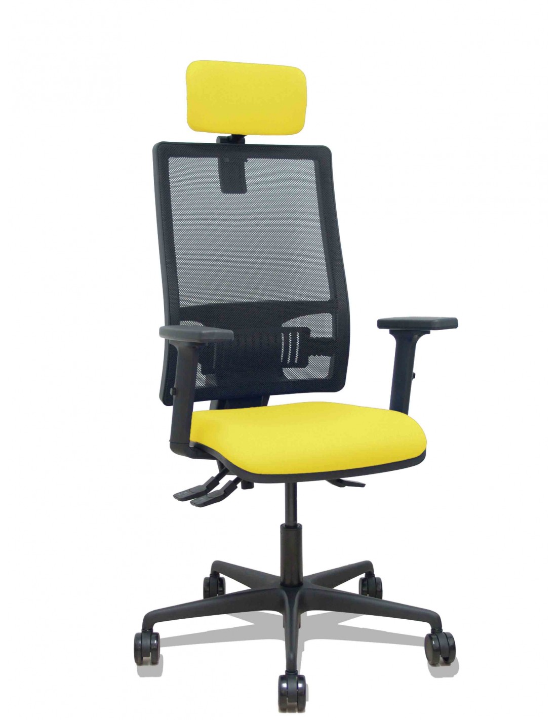 Piqueras y Crespo Silla Bormate asincro malla negra asiento bali amarillo brazos 2D ruedas 65mm cabecero regulable