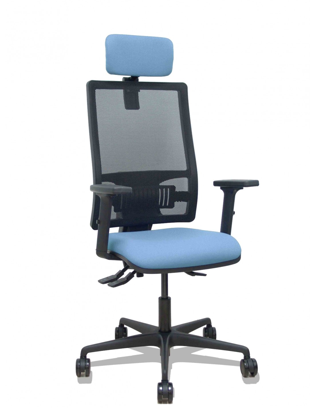 Piqueras y Crespo Silla Bormate asincro malla negra asiento bali azul cielo brazos 2D ruedas 65mm cabecero regulable