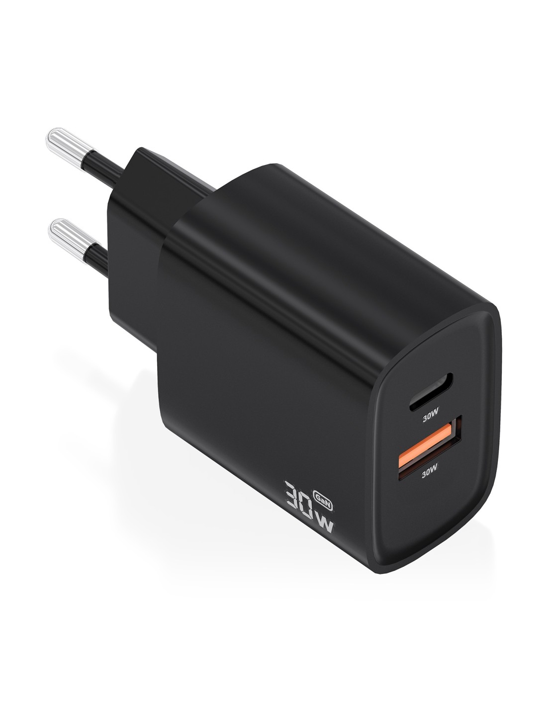 AISENS Cargador GaN 30W, 1xUSB-C PD3.0 QC4.0, 1xUSB-A QC3.0, Negro