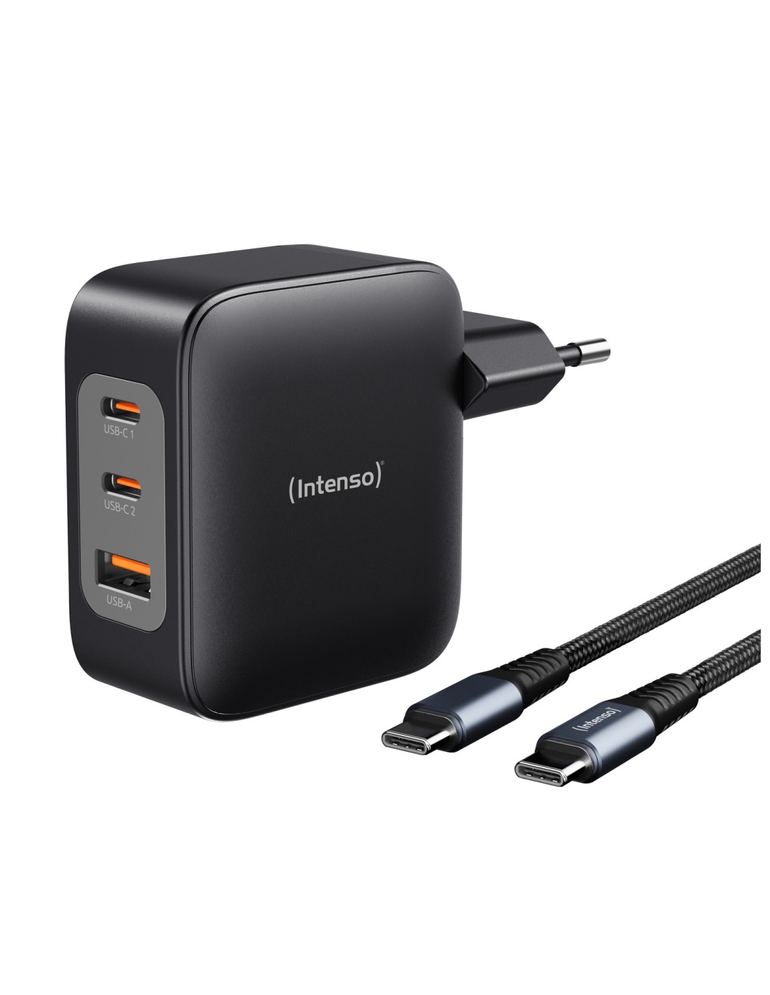 Intenso W100ACC+C520C, Set de adaptador de corriente + cable de carga, 100 W, carga rápida, GaN, carga simultánea de 3 dispositi