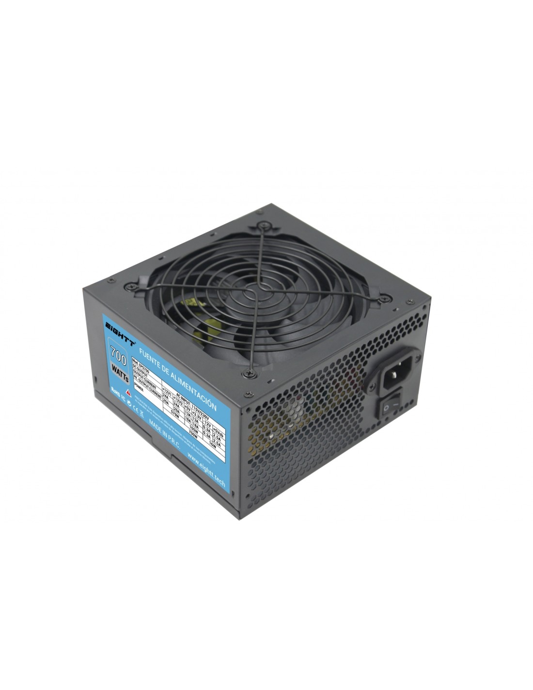 Eightt Fuente de Alimentación 700W Negra. Ventilador silencioso de 12 cm. 1 x ATX 20+4 pines, 1 x CPU 4+4 pin, 1 x PCI-E 6+2 pi