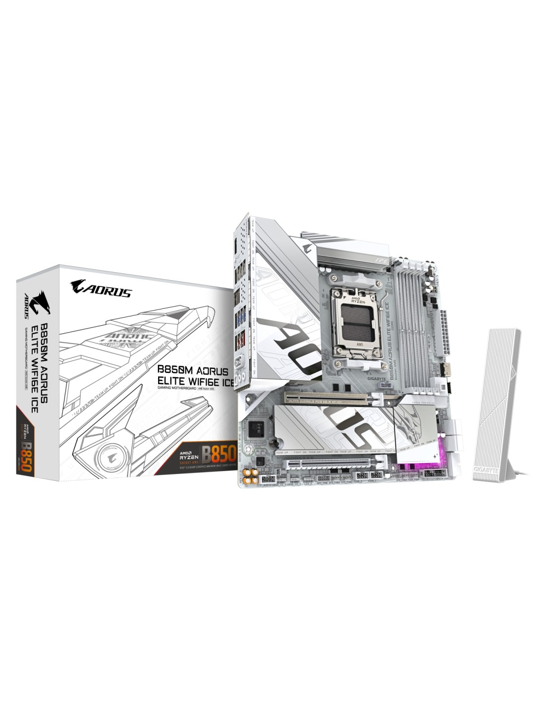 GIGABYTE B850M AORUS ELITE WIFI6E ICE Placa Base - Procesadores AMD Ryzen Serie 9000, 12+2+1 fases VRM digitales, hasta 8200MHz