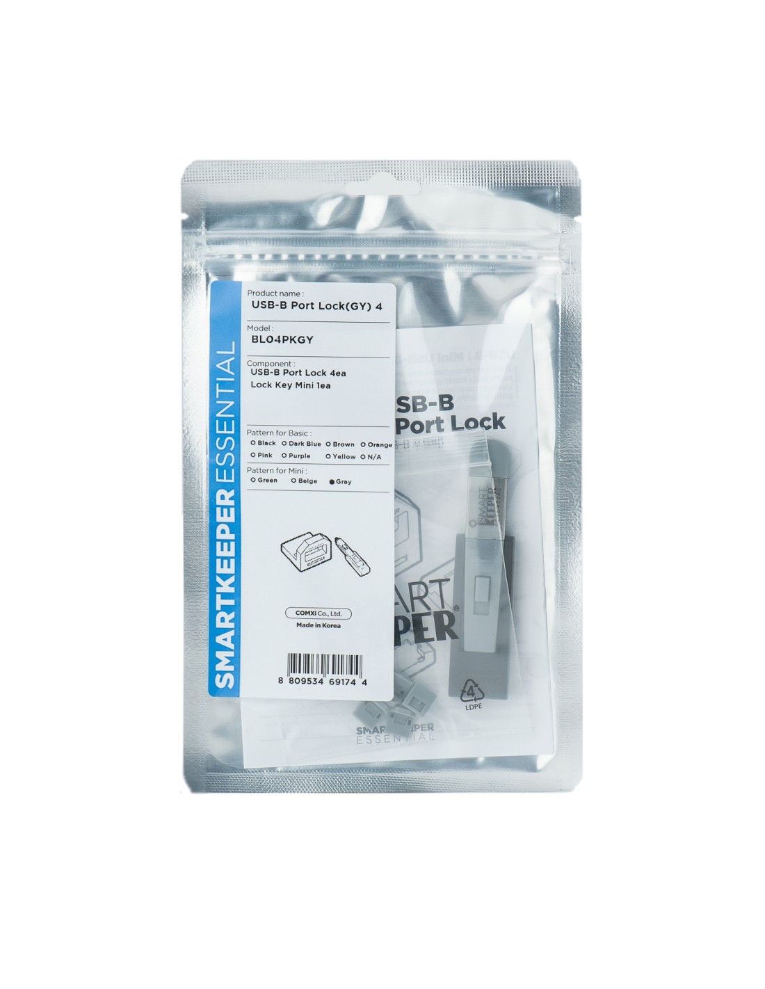 Smartkeeper BL04PKGY bloqueador de puerto Bloqueador de puerto + clave USB Tipo B Gris Plástico 1 pieza(s)