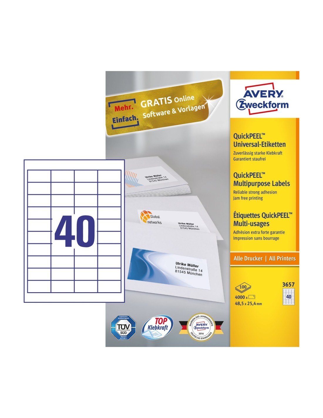 Avery 3657 etiqueta autoadhesiva Rectángulo Permanente Blanco 4000 pieza(s)