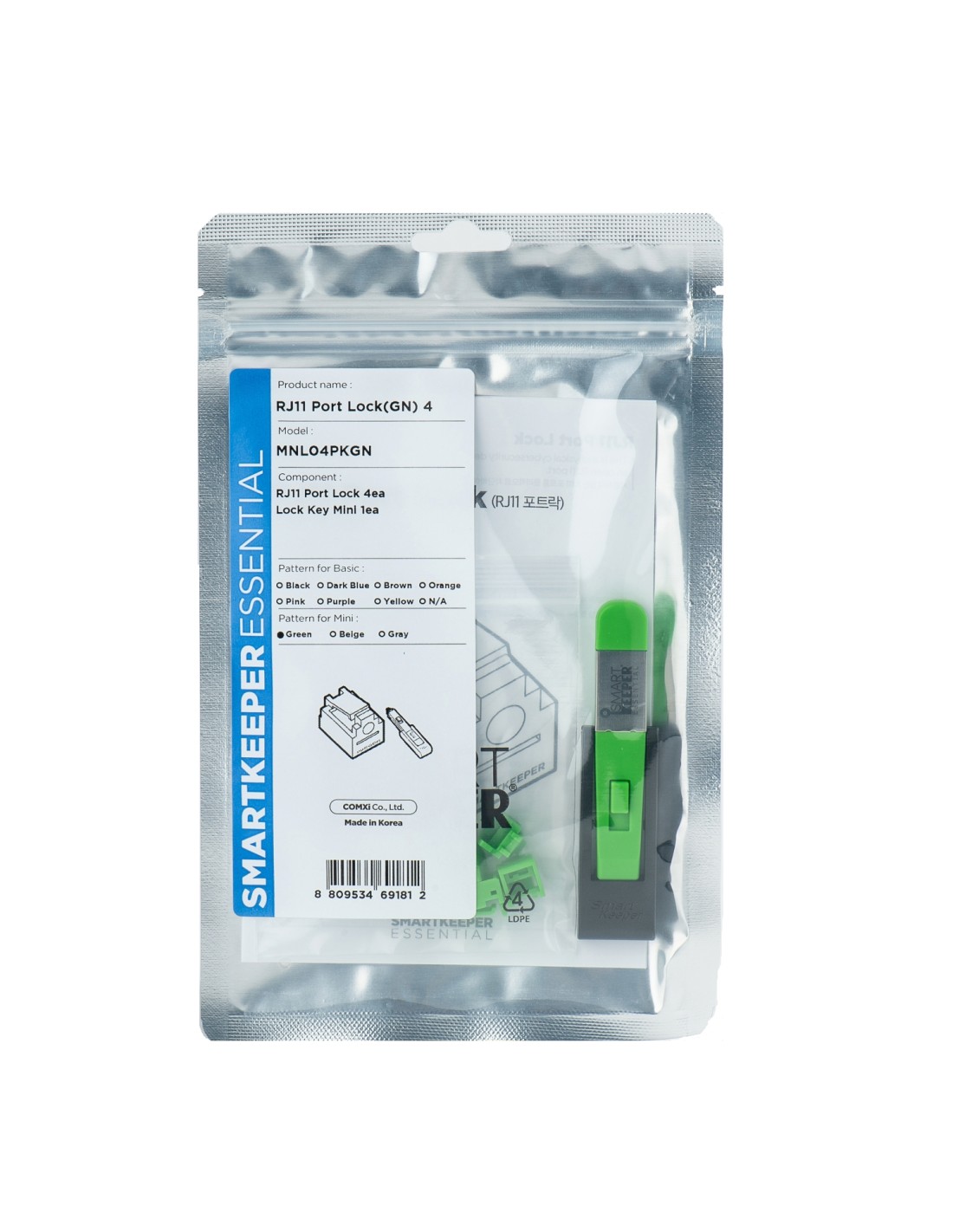 Smartkeeper MNL04PKGN bloqueador de puerto Bloqueador de puerto + clave RJ-11 Verde Plástico 1 pieza(s)