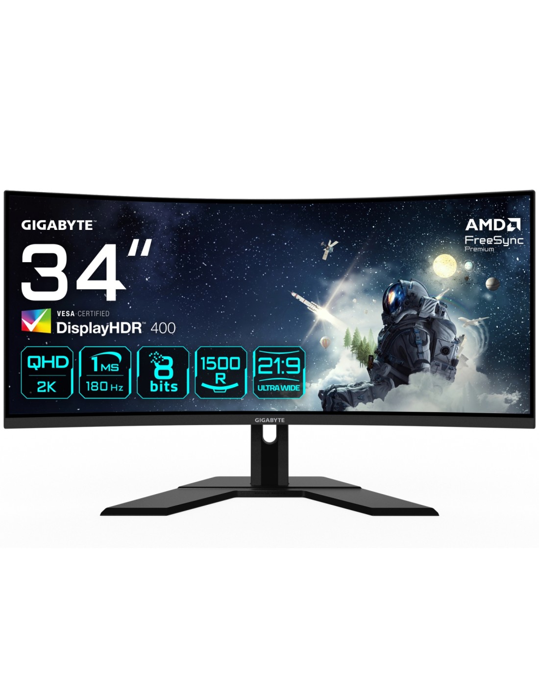 GIGABYTE G34WQCP Monitor Gaming Curvo UWQHD de 34" - 3440 x 1440, 1500R, 180Hz, 1ms, 350 cd/m², AMD FreeSync Premium, DisplayHDR