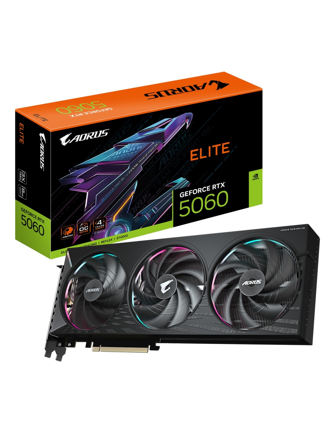 GIGABYTE AORUS GeForce RTX 5060 ELITE 8G Tarjeta Gráfica - 8GB GDDR7, 128bit, PCI-E 5.0, 2722 MHz Frecuencia del núcleo, 3 x Dis
