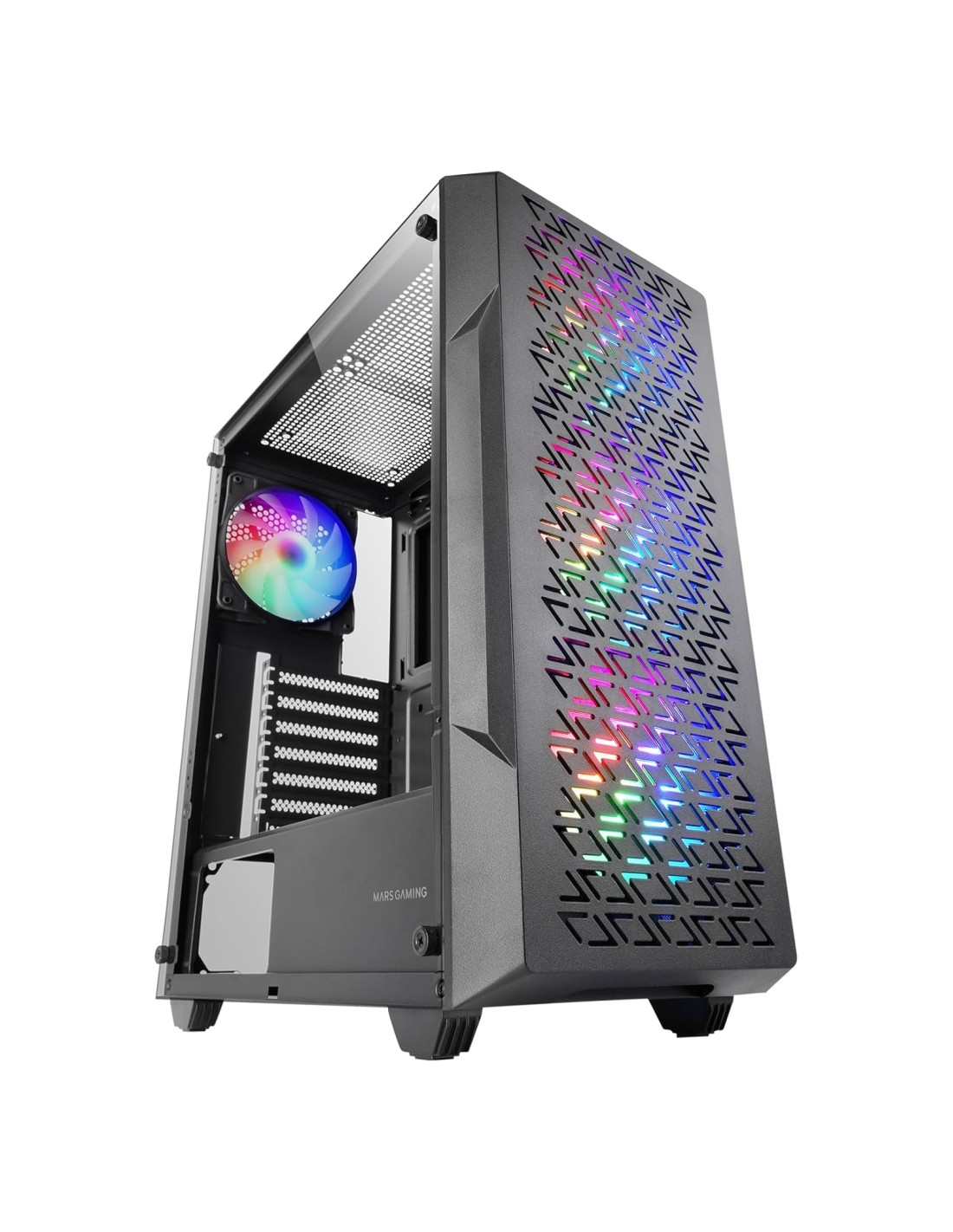 Mars Gaming MC-GEO, Caja Gaming ATX, 4x Ventiladores FRGB Rainbow 12cm, Panel Frontal Mesh Geométrico, Ventana Lateral Cristal T