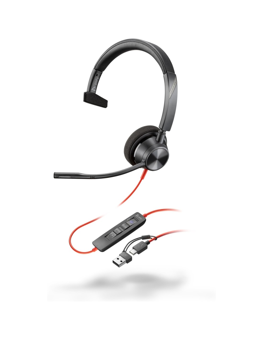 POLY Auriculares monoaurales Blackwire 3310 con certificación Microsoft Teams USB-C + Adaptador USB-C/A