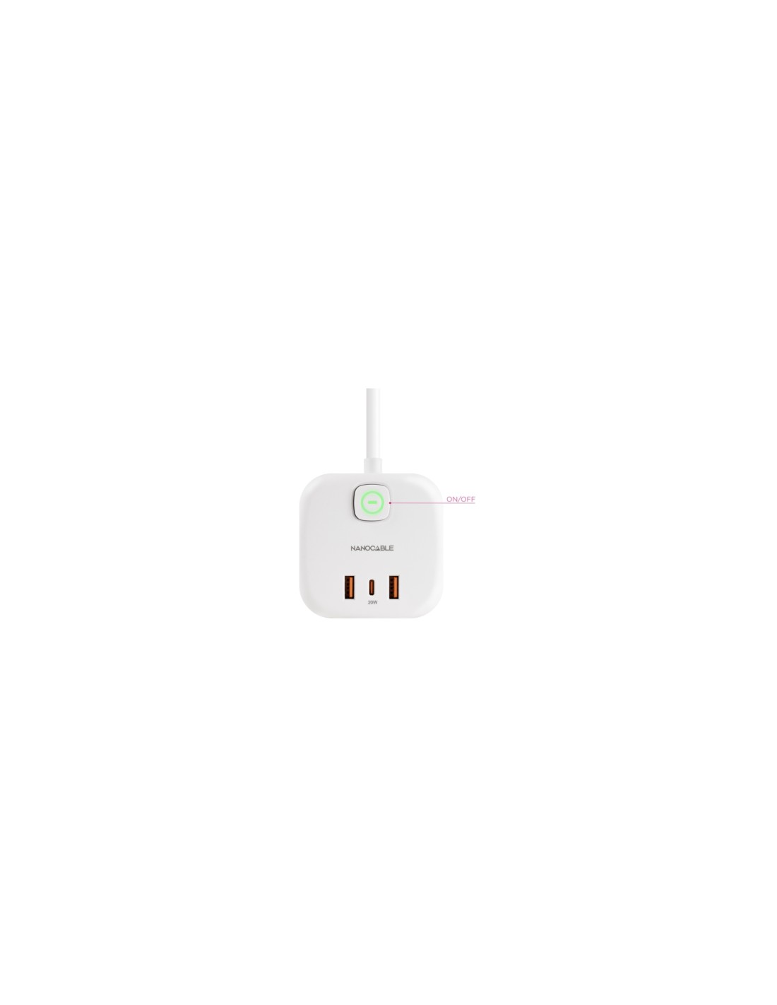 Nanocable Base de 3 enchufes con 3 USB (2 USB-A + 1 USB-C), GaN + PPS, PD 20W, con interruptor, Blanco