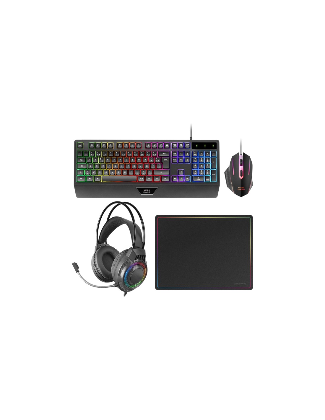 Mars Gaming MCP124PRO, Combo Gaming 4en1, Teclado RGB H-Mech con Reposamuñecas, Ratón RGB 3200DPI y Switches HUANO, Auriculares