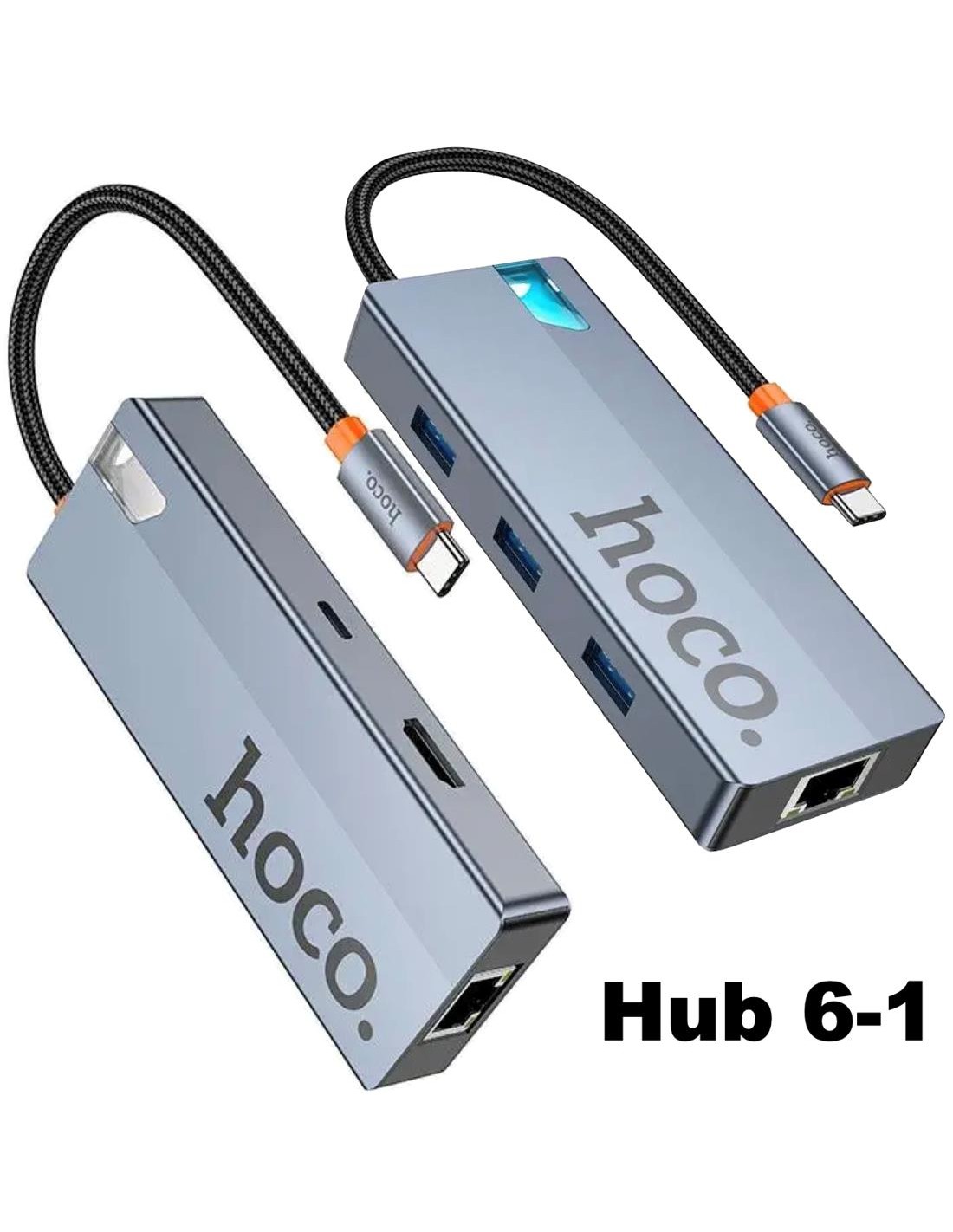Adaptador USB-C 6-1 Hoco HB51 HDMI + 3x USB 3.0 + PD + RJ45