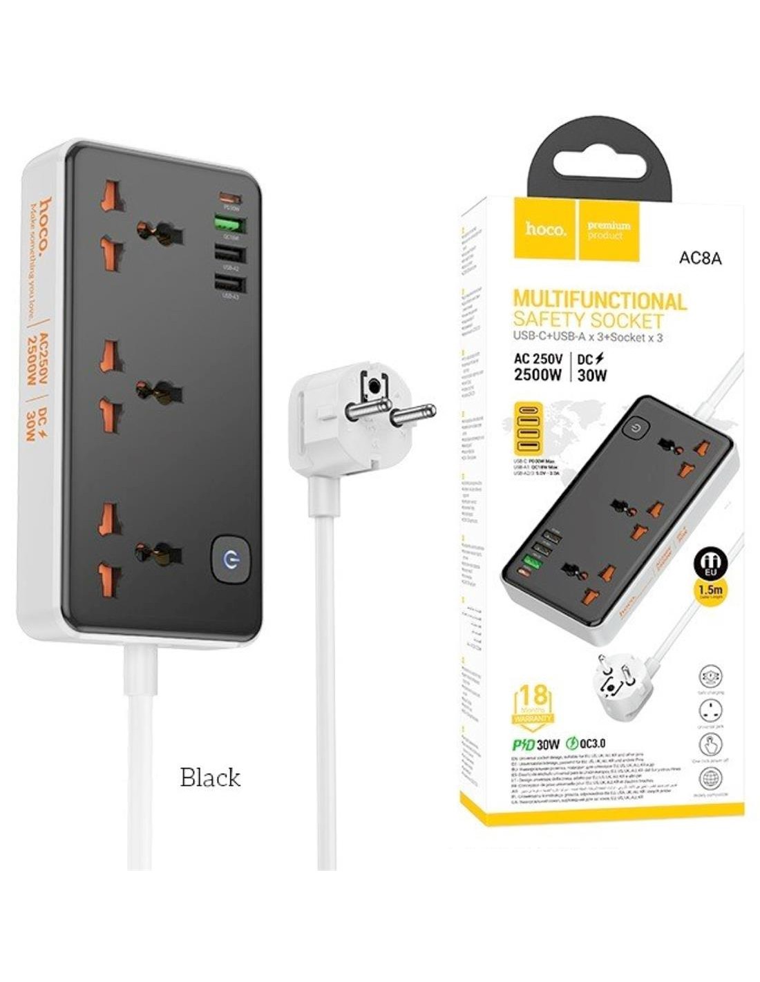 Hoco AC8A Regleta MultipaÃ­s con salidas USB 30W Negro