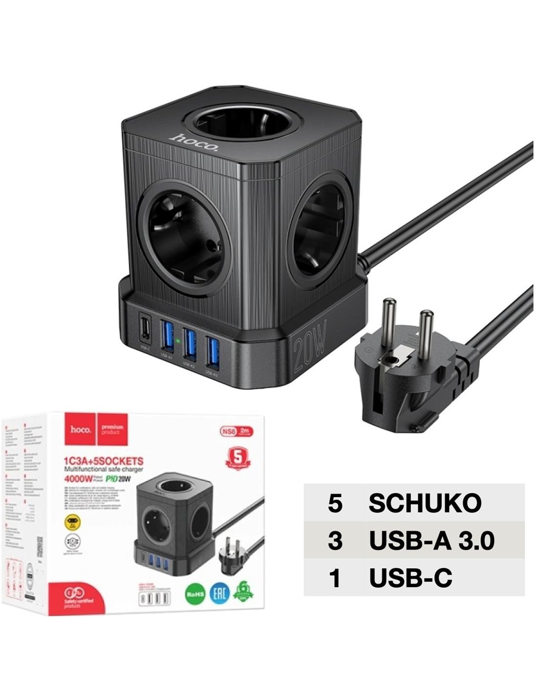 Hoco NS8 Regleta Cubo con 5 Enchufes y 3 Puertos USB 20W