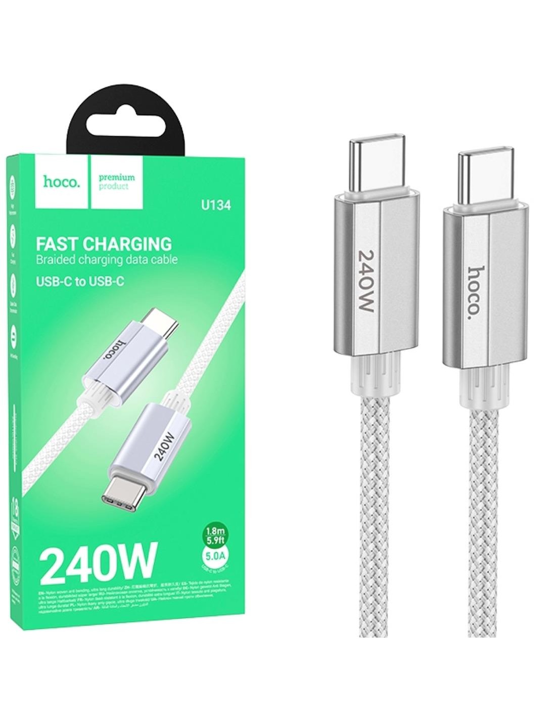 Cable USB-C a USB-C 240W 1.8 metros Reforzado Hoco U134 Gris
