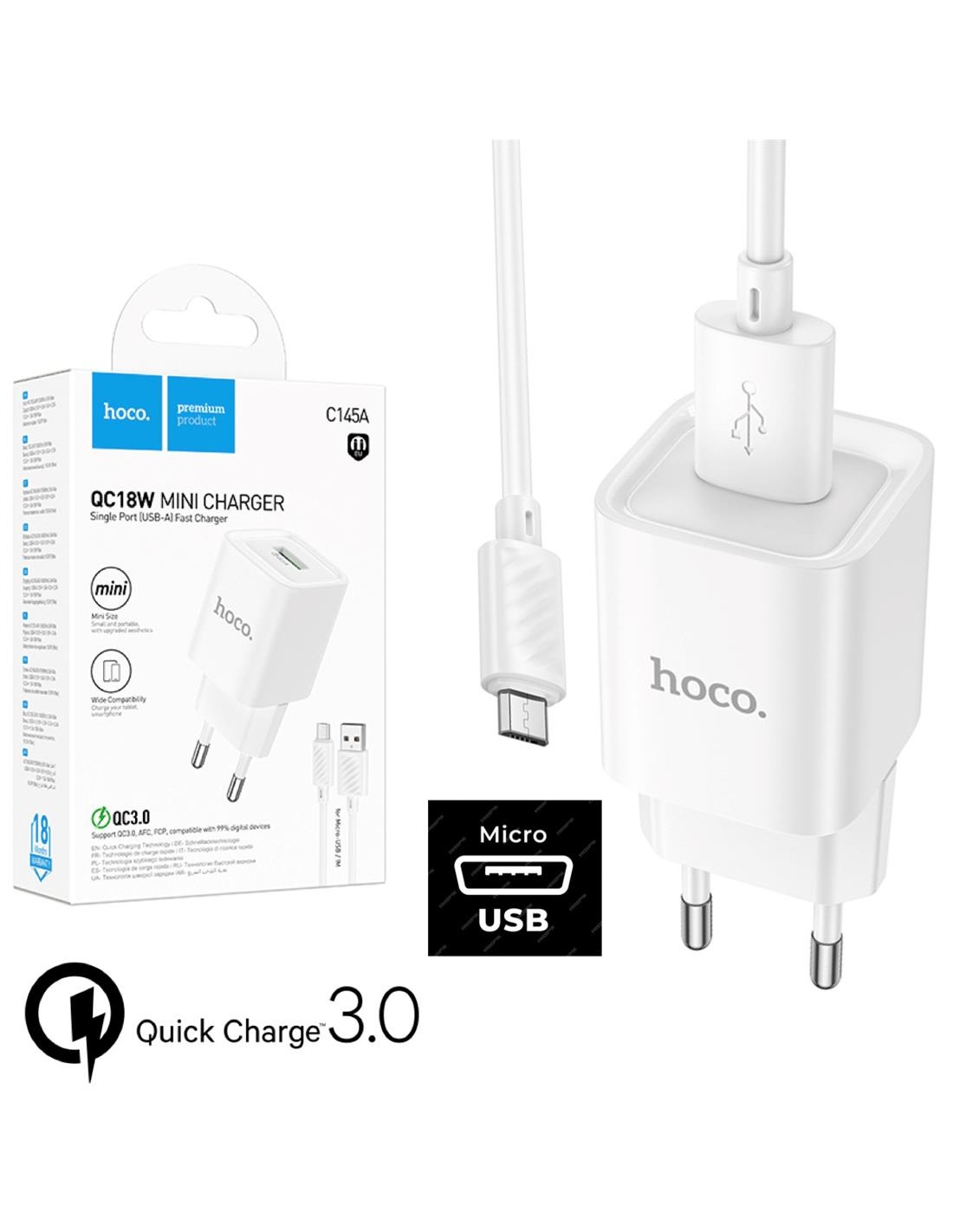 Cargador + Cable Micro USB Hoco C145A 18W QC3.0 Blanco