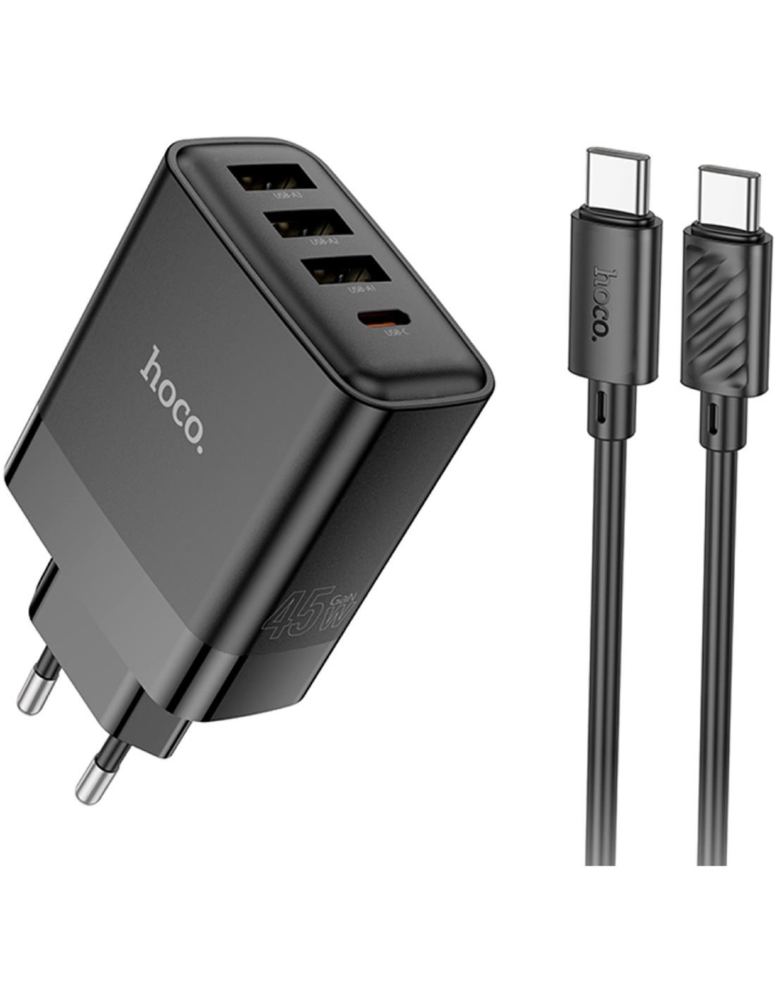 Cargador USB+ USB-C four-port PD45W + Cable USB-C a USB-C Hoco 127A Black