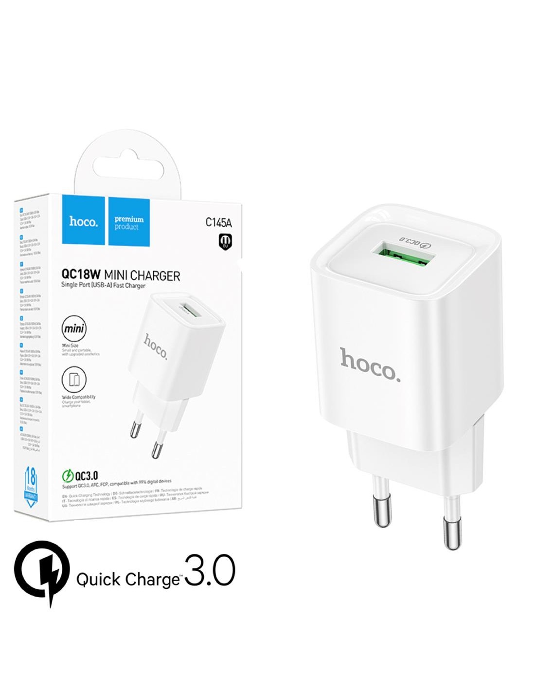 Cargador USB-A Hoco C145A 18W QC3.0 Blanco