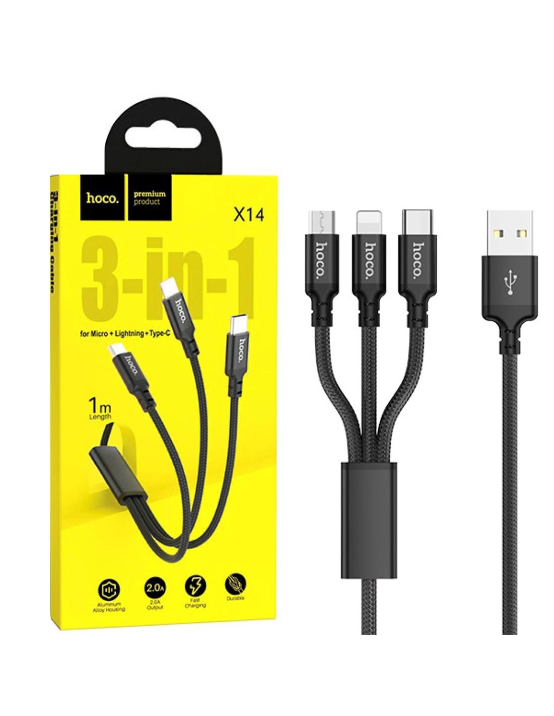 Hoco Cable X14 3 in 1 Super Charging Cable (Ip+Type-c+Micro) Black