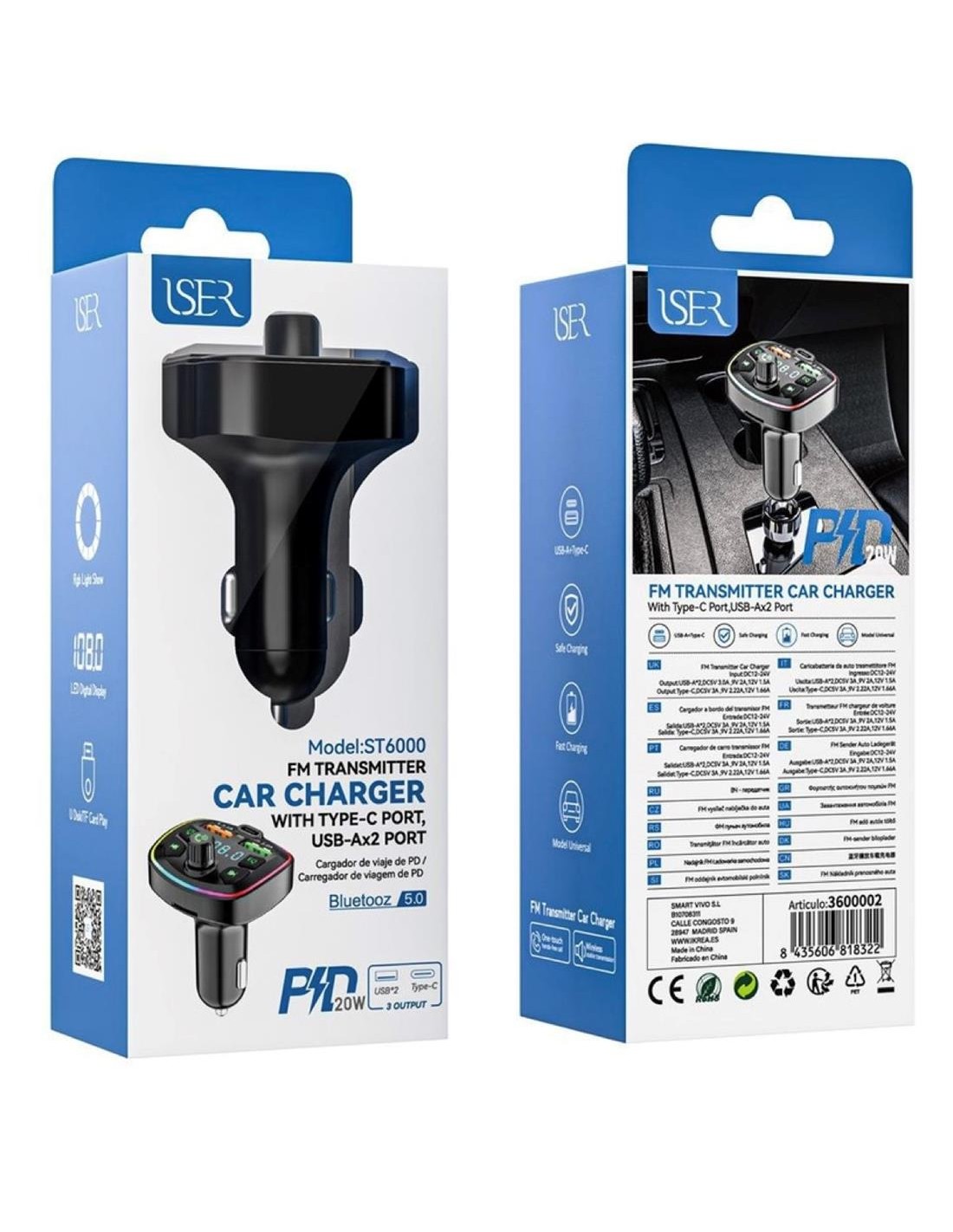 Transmisor FM y Bluetooth para Coche con cargador 20W Iser ST6000