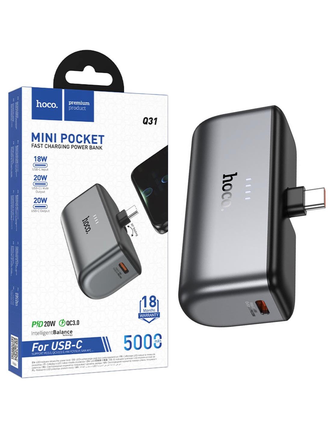 PowerBank 5.000mAh Hoco Q31 PD20 USB-C Compacto Negro