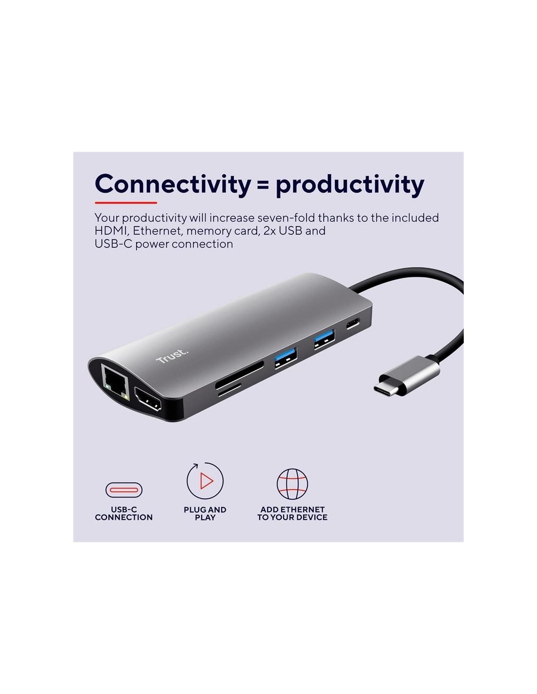 HUB TRUST DALYX USB-C 7 EN 1 HDMI USB-C USB MICRO SD RJ45 SILVER
