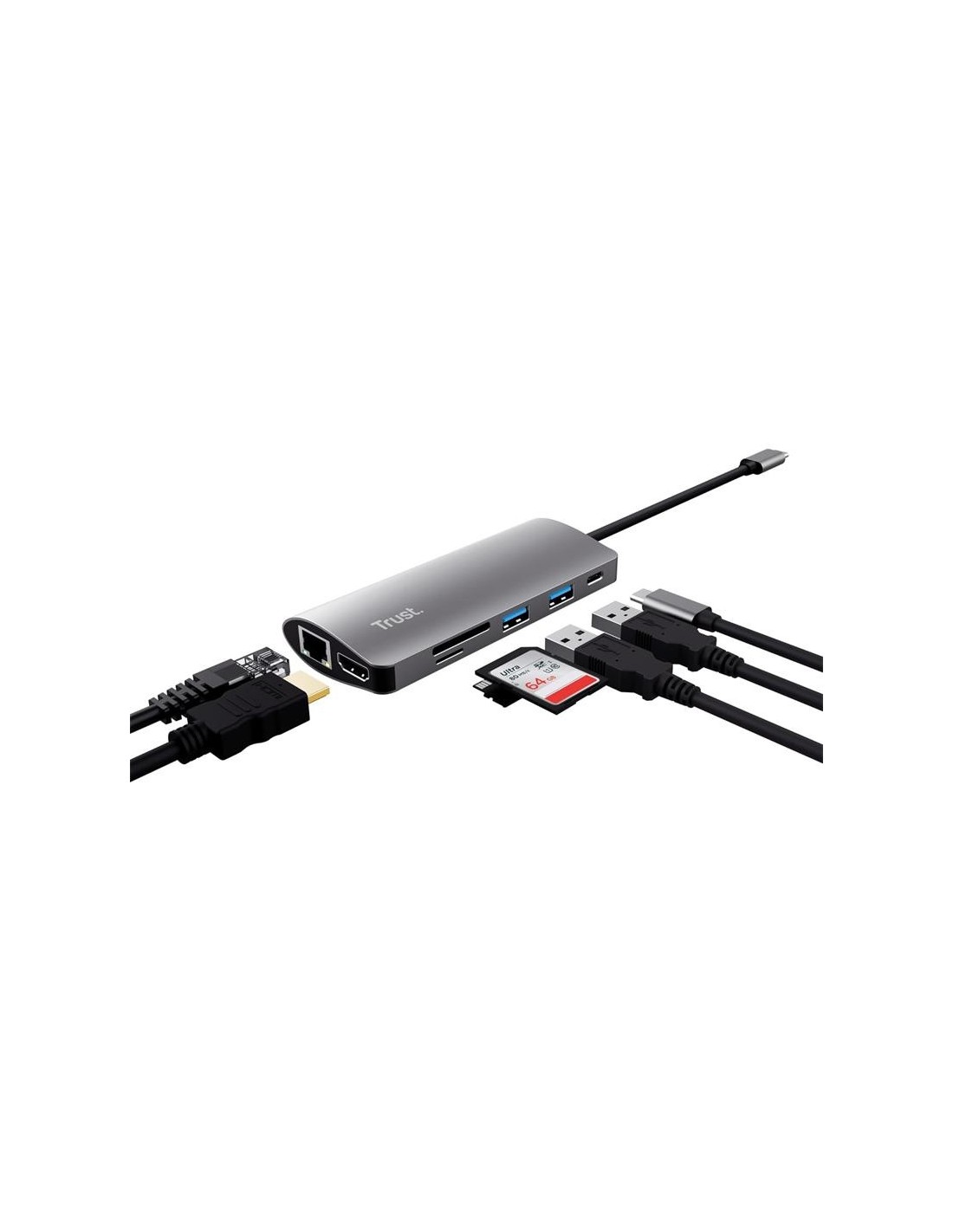 HUB TRUST DALYX USB-C 7 EN 1 HDMI USB-C USB MICRO SD RJ45 SILVER