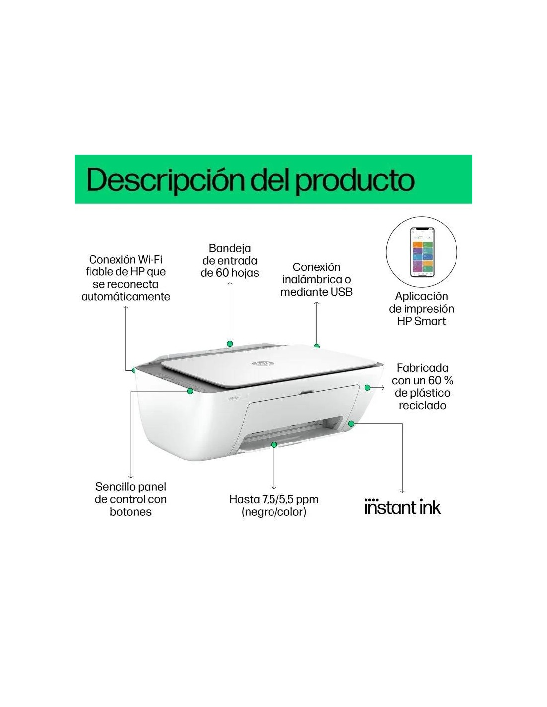 IMPRESORA HP DESKJET MULTIFUNCION 2820E COLOR WIFI WHITE