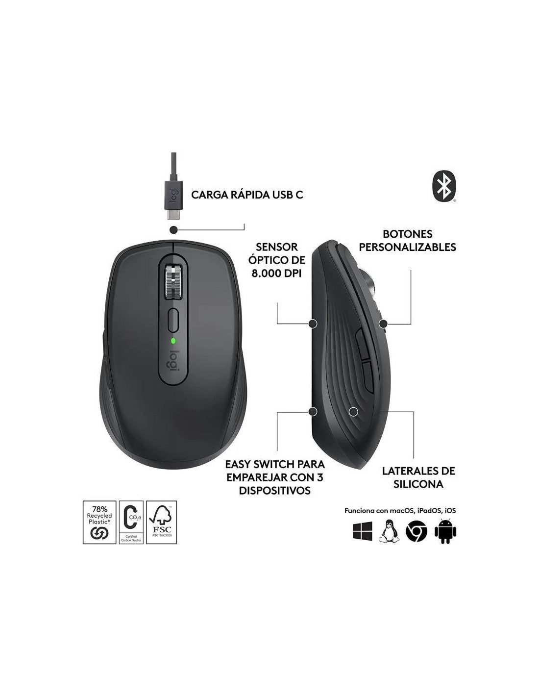 RATON LOGITECH MX ANYWHERE 3S WIRELESS BT 8000DPI 6 BOTONES BLACK