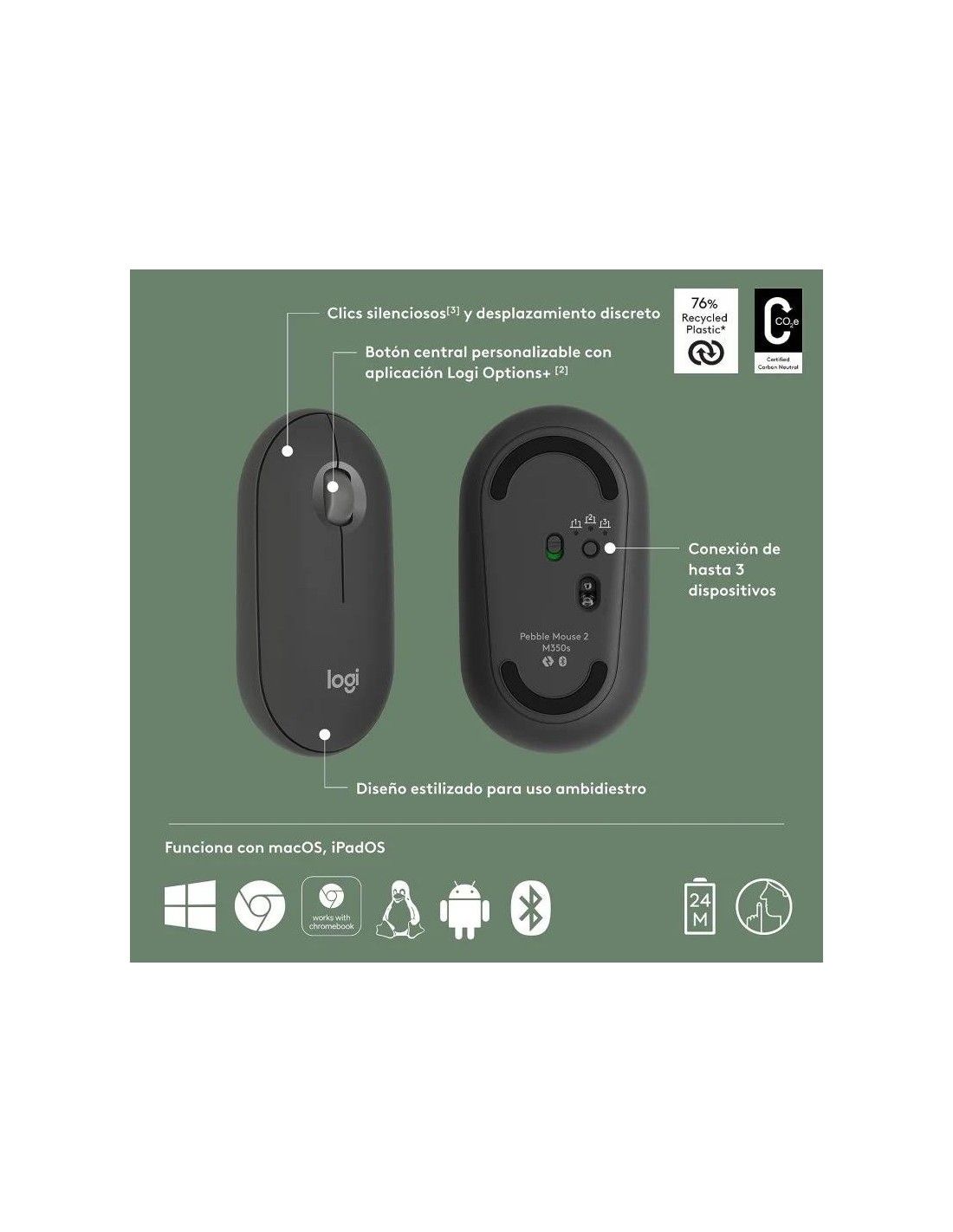 RATON LOGITECH PEBBLE 2 M350S WIRELESS BLACK