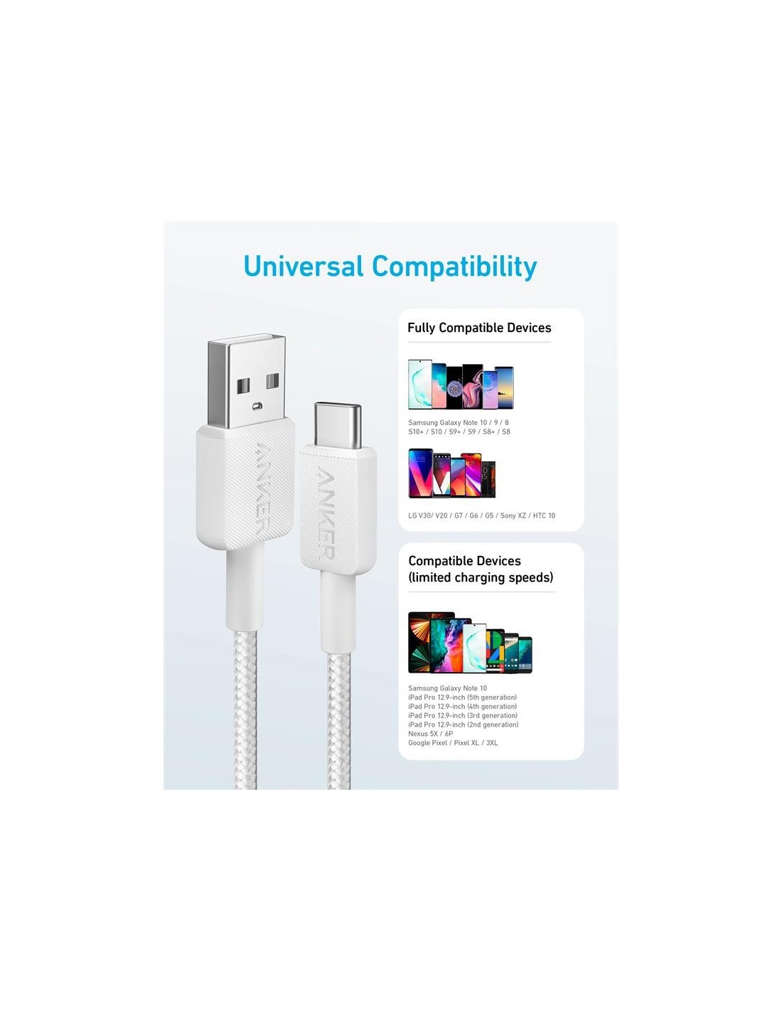 CABLE ANKER 322 USB-A TO USB-C TRENZADO 1.8M 45W WHITE