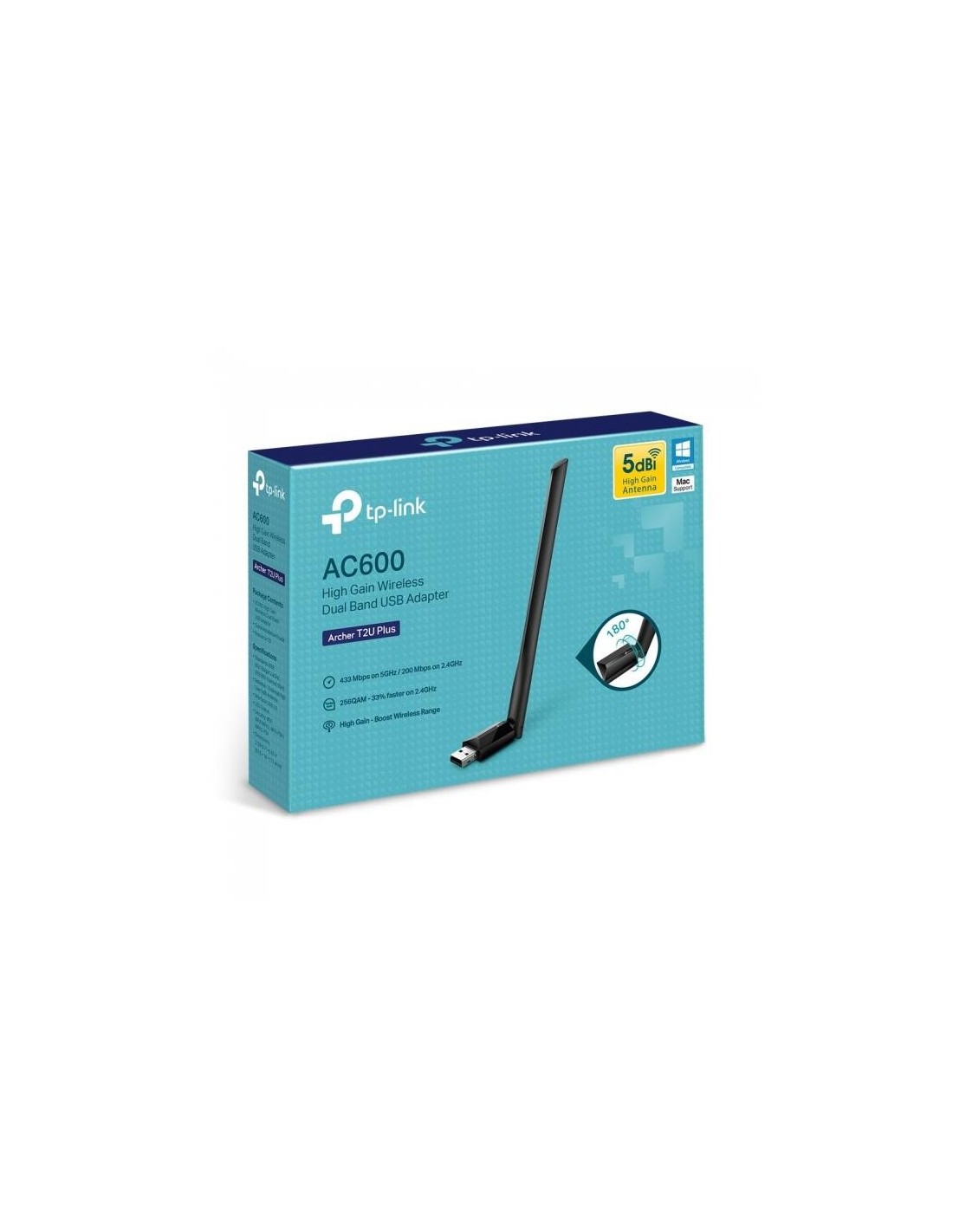 WIRELESS ADAPTADOR USB TP-LINK ARCHER T2U PLUS AC600 DUAL BAND 5DBI