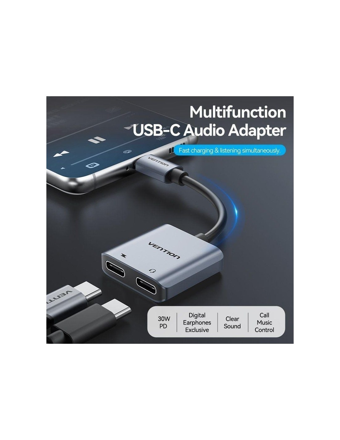 CABLE CONVERSOR VENTION USB-C/M - 2X USB-C/H AUDIO/CARGA GREY