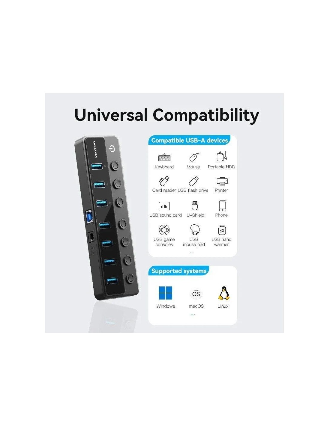 HUB VENTION USB 3.0 7 PUERTOS USB 3.0 INTERRUPTOR BLACK