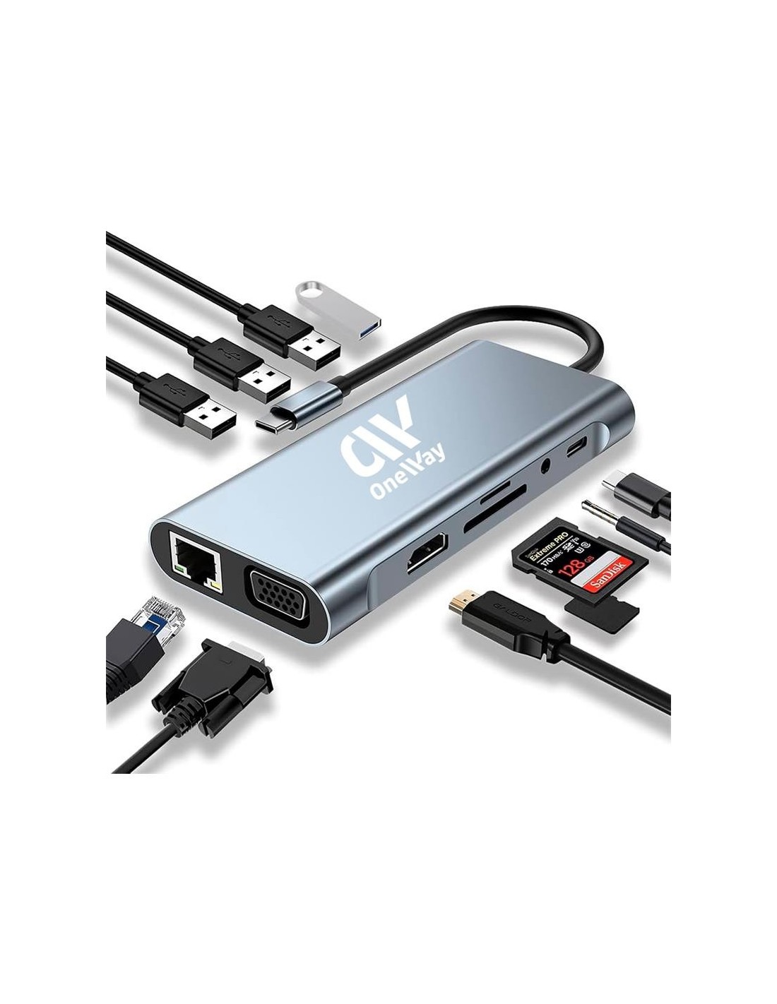 DOCK HUB ONEWAY USB-C 11 EN 1 HDMI/VGA/RJ45/USB 3.0/USB-C PD/MICROSD SILVER