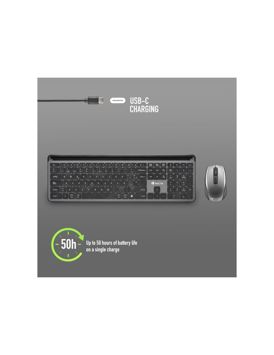 TECLADO + RATON NGS ECLIPSE SLIM SILENT WIRELESS BT MULTI RECARGABLE GREY