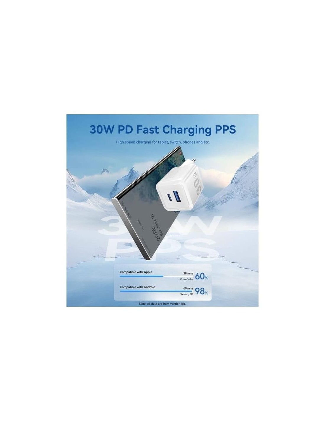 CARGADOR DE PARED VENTION GAN USB-C USB-A 30W BLUE