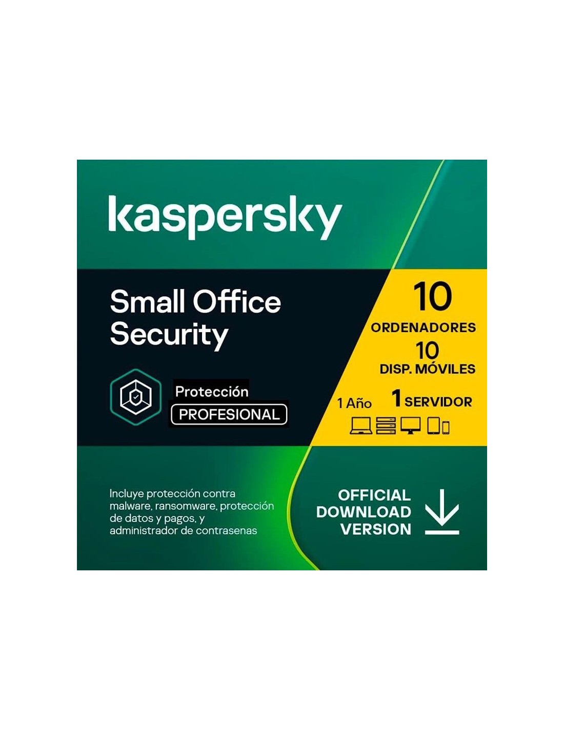 ANTIVIRUS KASPERSKY SMALL OF. SEC. 1L SERVER + 10L PC + 10L ANDROID L.ELEC
