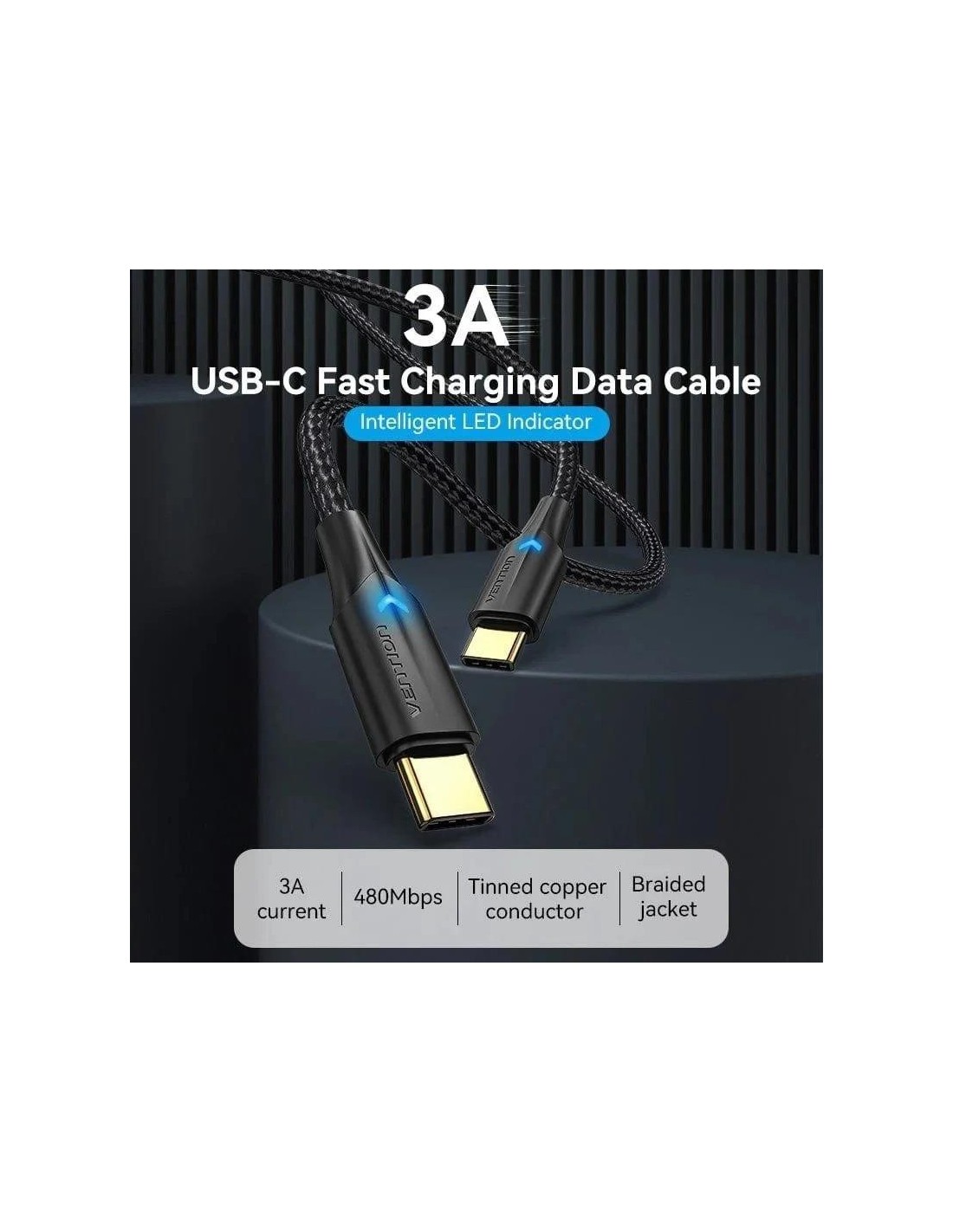 CABLE USB-C VENTION TIPO USB-C/M - USB-C/M 3A 60W LED 1M BLACK